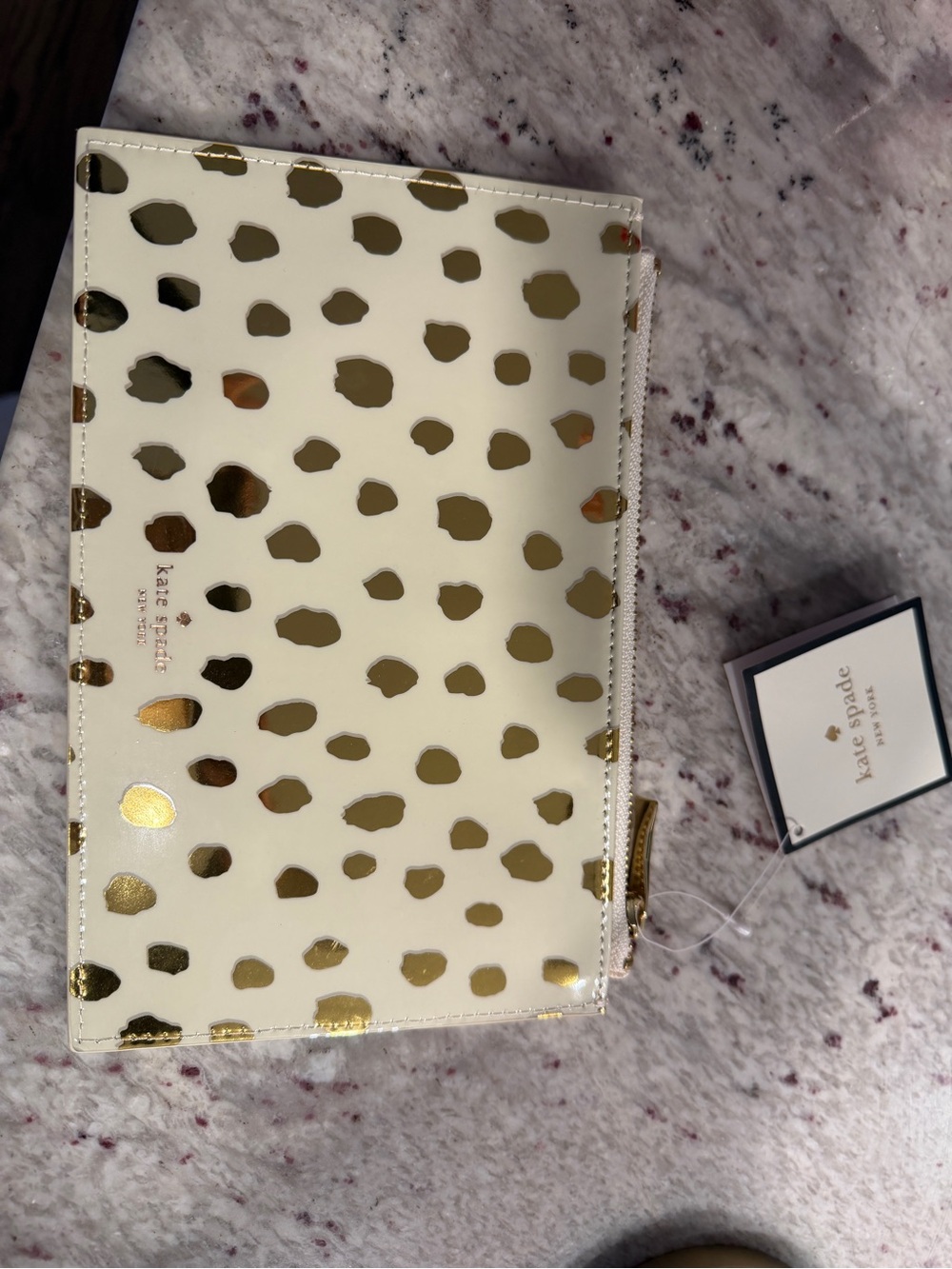 kate spade Ivory Pencil Pouch with Gold Spots nwt
